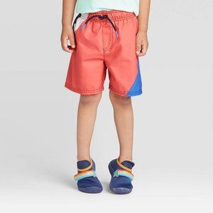 NEW! Cat & Jack Toddler Boys' Colorblock Striped Swim Trunks - Coral & Blue